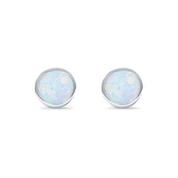 Bezel Stud Earring Round Lab Created White Opal 925 Sterling Silver (7mm)